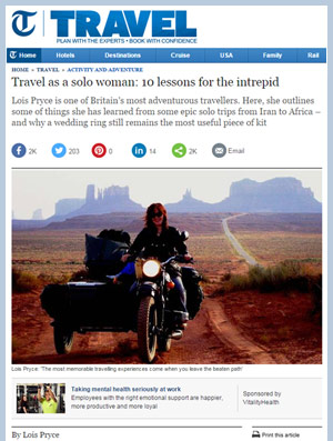Telegraph article by Lois Pryce about travel as a solo woman