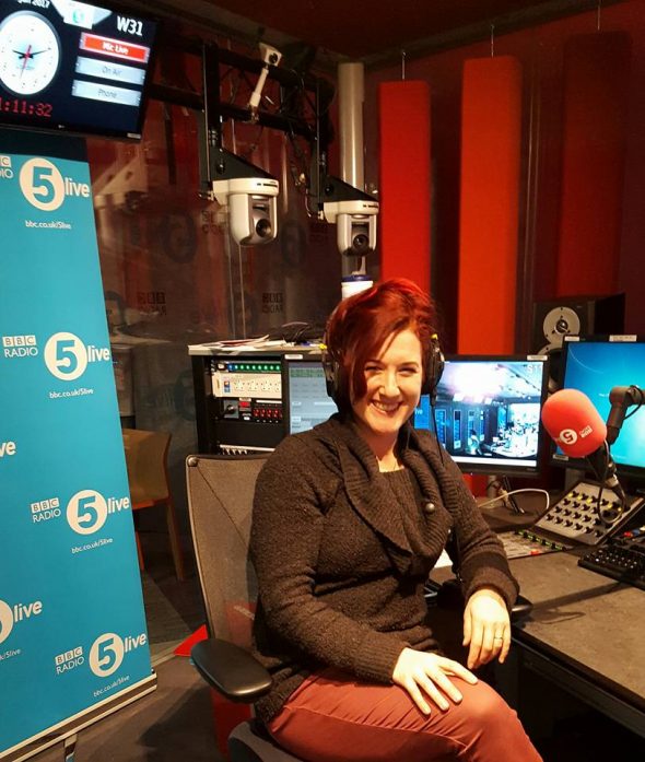 Female adventure speaker Lois Pryce in Radio 5 live's studio