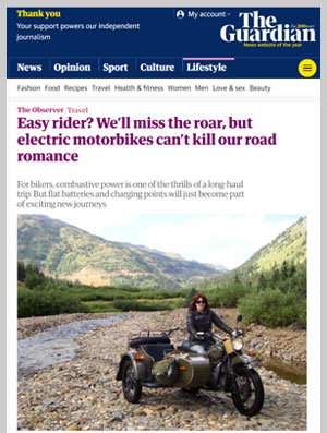 Observer article by female travel writer Lois Pryce about electric motorbikes
