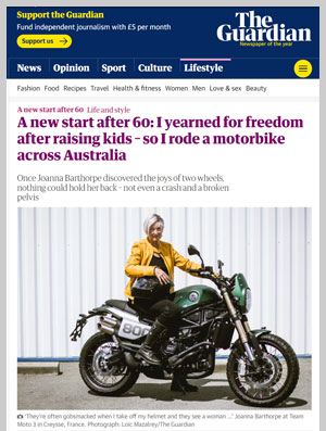 Guardian journalist Lois Pryce writes about Joanna Barthorpe discovering motorbiking after 60